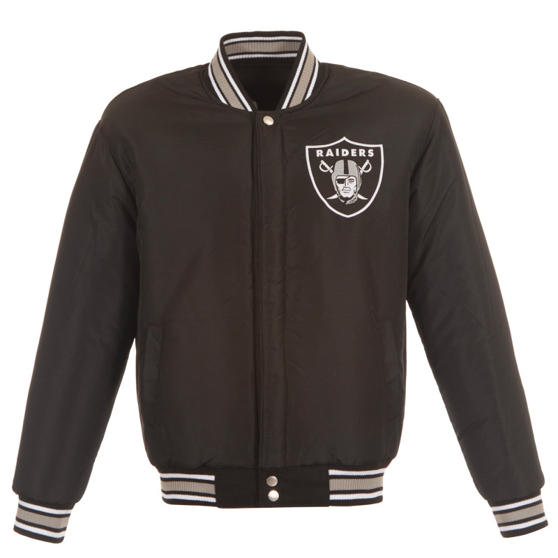 RAIDERS SUPER BOWL REVERSIBLE FAUX LEATHER SLEEVED WOOL JACKET