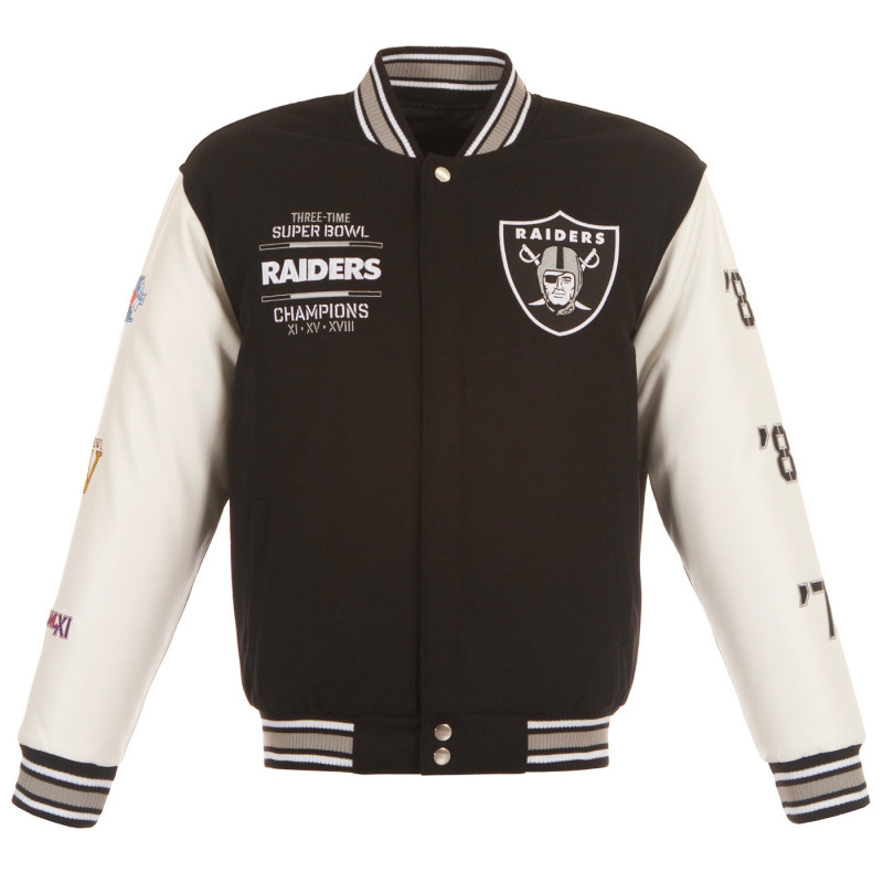 JH DESIGN RAIDERS SUPER BOWL CHAMPIONS REVERSIBLE FAUX LEATHER WOOL JACKET