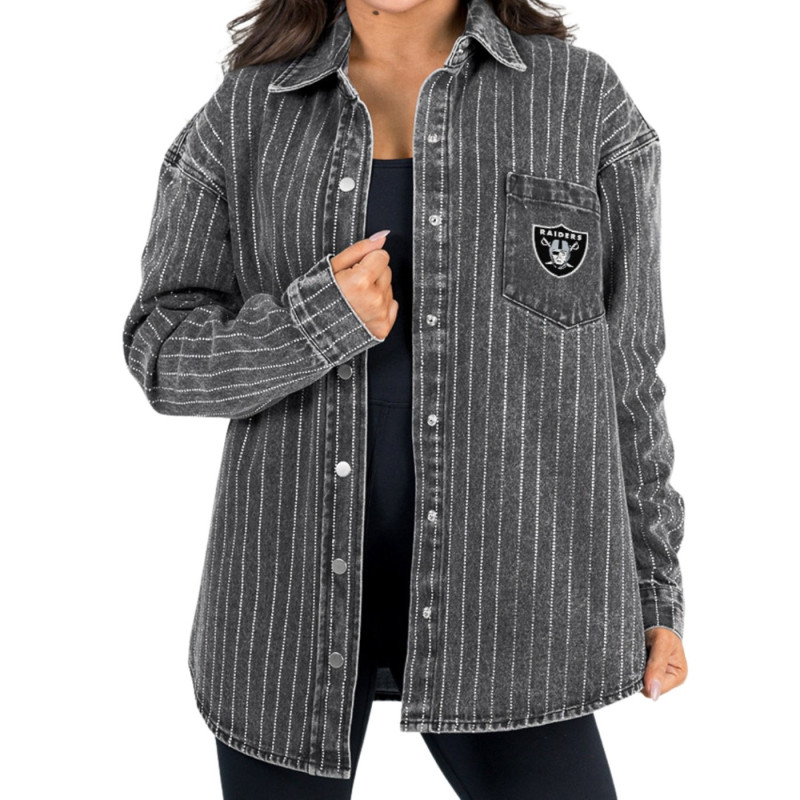 WOMENS RAIDERS INSTANT RHINESTONE STRIPE DENIM BUTTON UP SHIRT
