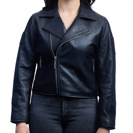 JEFF HAMILTON WOMENS RAIDERS BLACK TONAL BIKER JACKET