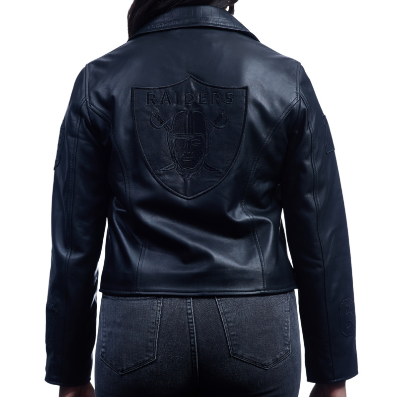 JEFF HAMILTON WOMENS RAIDERS BLACK TONAL BIKER JACKET