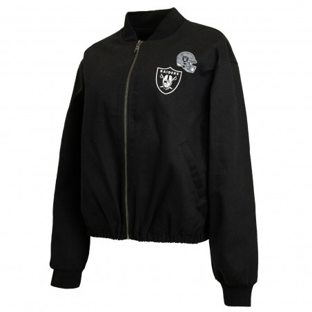 WEAR BY ERIN ANDREWS WOMENS RAIDERS BLACK DENIM BOMBER JACKET
