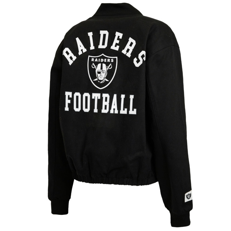 WEAR BY ERIN ANDREWS WOMENS RAIDERS BLACK DENIM BOMBER JACKET