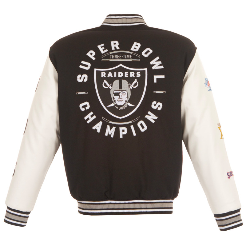 RAIDERS SUPER BOWL REVERSIBLE FAUX LEATHER SLEEVED WOOL JACKET