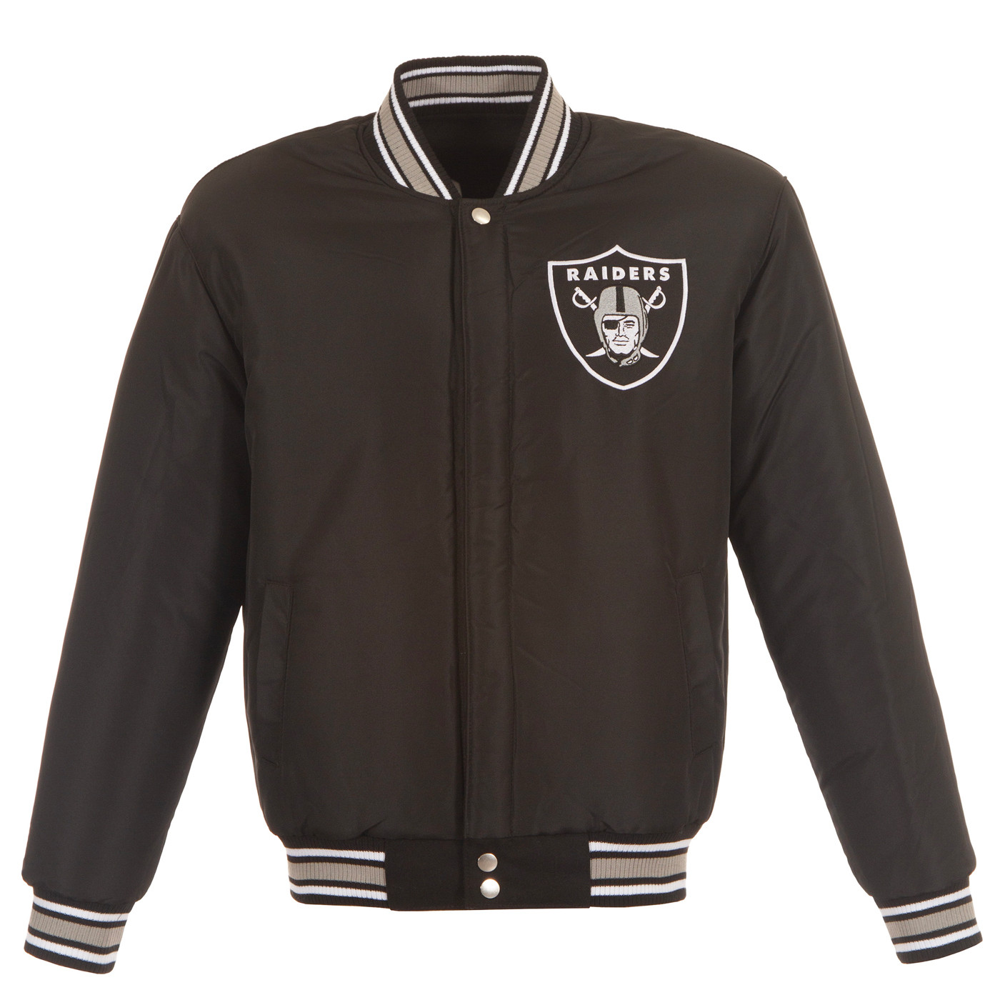 RAIDERS SUPER BOWL REVERSIBLE FAUX LEATHER SLEEVED WOOL JACKET