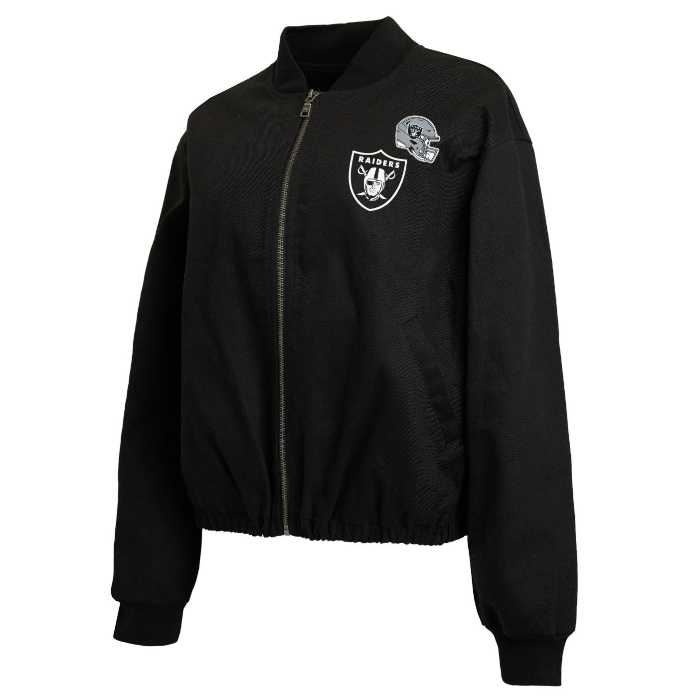 WEAR BY ERIN ANDREWS WOMENS RAIDERS BLACK DENIM BOMBER JACKET
