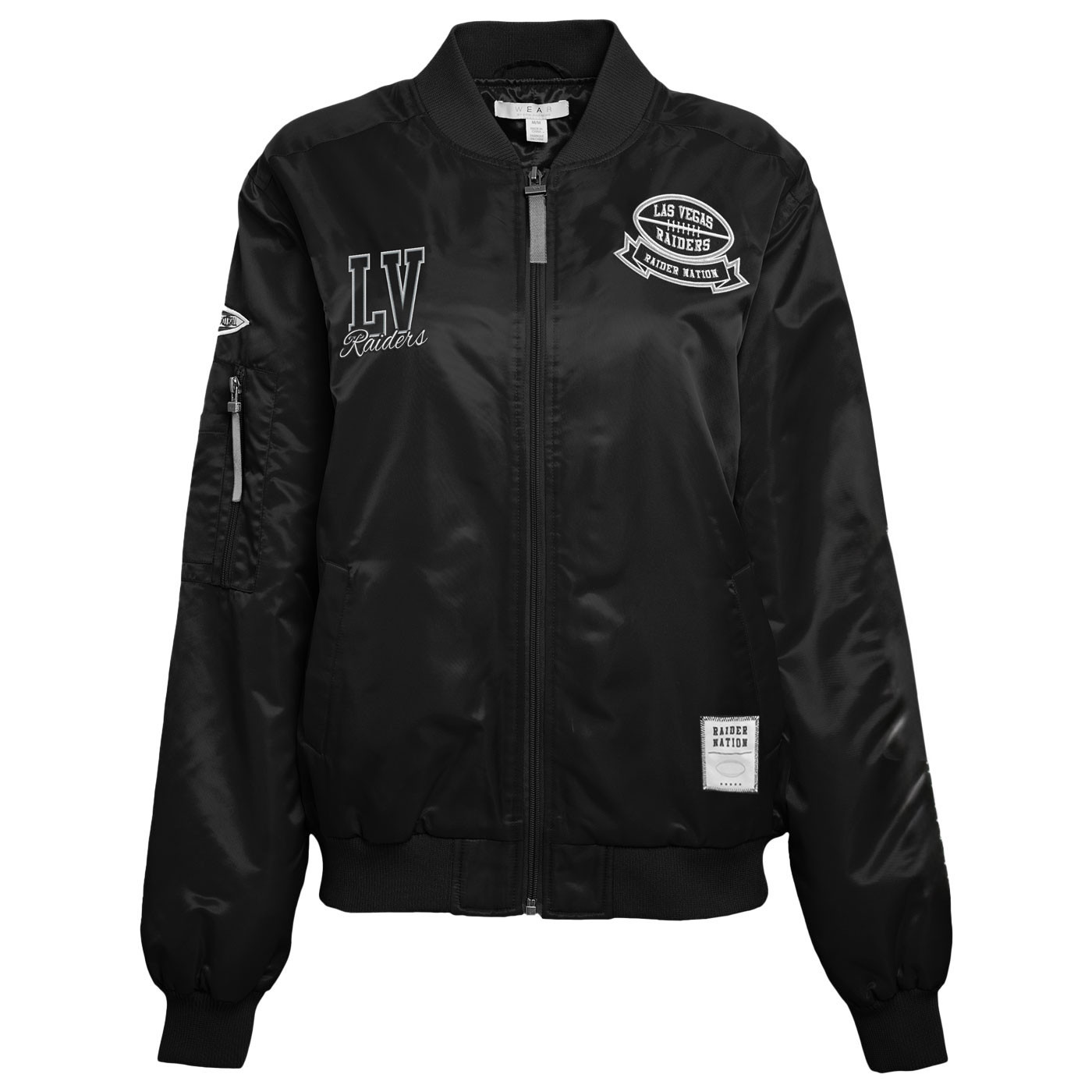 WEAR BY ERIN ANDREWS WOMENS LAS VEGAS RAIDERS PATCH BOMBER JACKET
