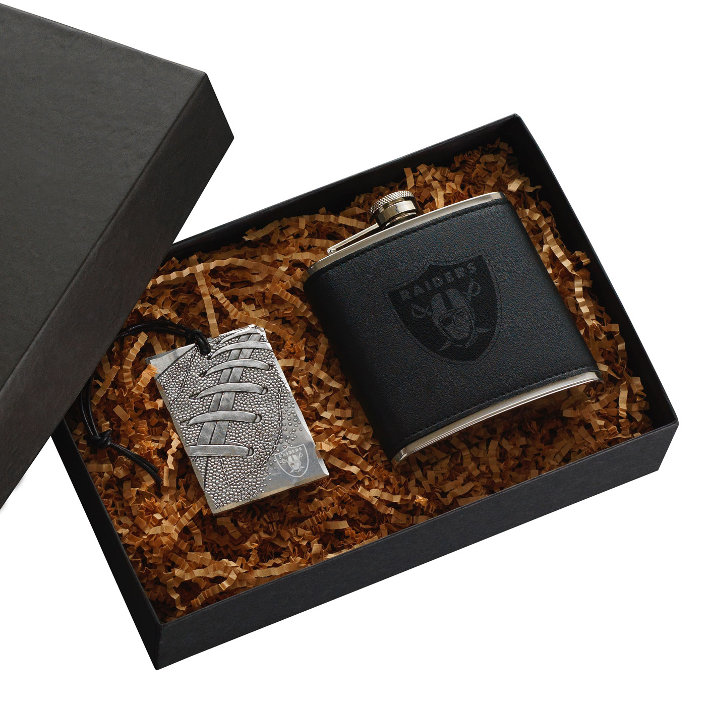 RAIDERS FLASK AND FOOTBALL TAG SET